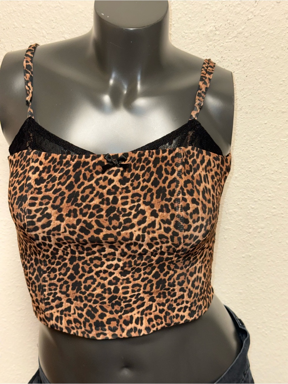 Edikted Leopard Print Cami with Black Mesh Trim - Brown/Black